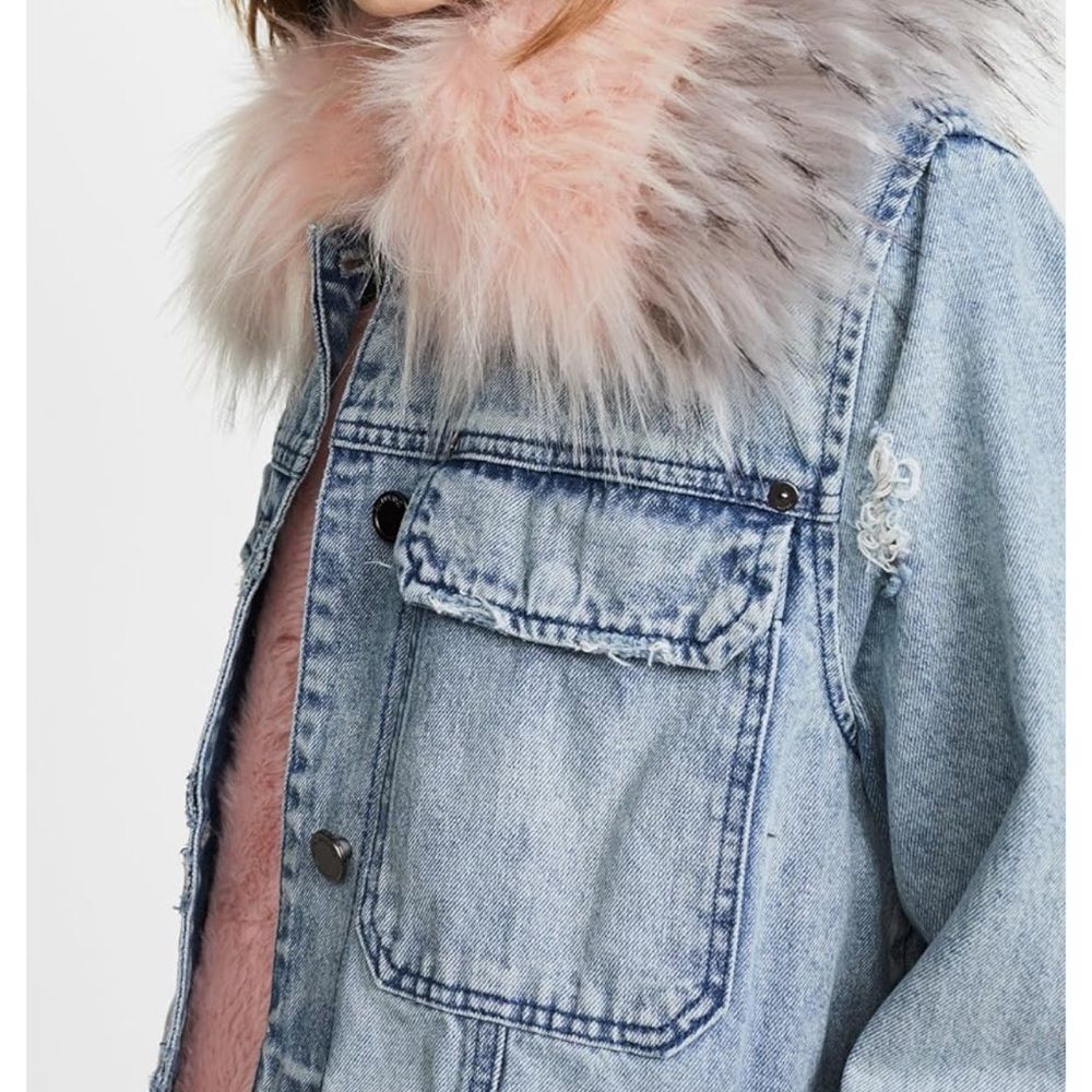 Blank NYC Pink Faux Fur Collar/Lined Snowflake Denim Jacket, Size XS - Picture 15 of 16